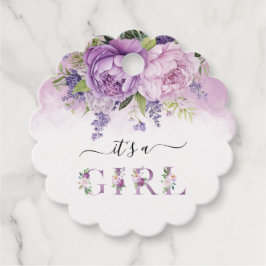 紫とピンクの庭の花ガールベビーシャワー フェイバータグ