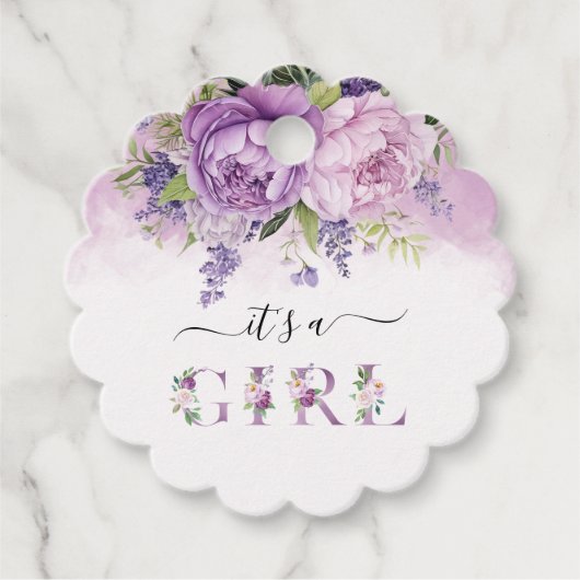 紫とピンクの庭の花ガールベビーシャワー フェイバータグ (正面)