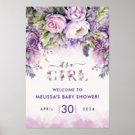 紫とピンクの庭の花ガールベビーシャワー ポスター