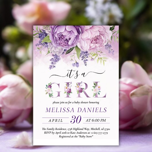 紫とピンクの庭の花ガールベビーシャワー 招待状