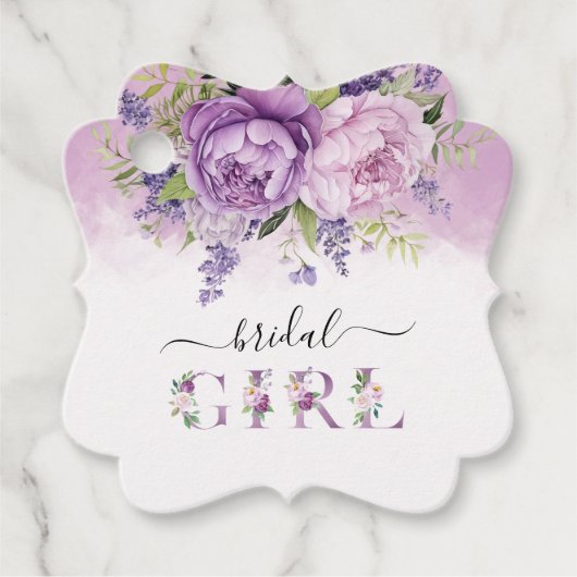 紫とピンクの庭の花 ブライダルシャワーの女の子 フェイバータグ (正面)