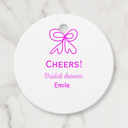 紫とピンクの弓の結婚式前祝賀会　名前を追加 フェイバータグ (正面)