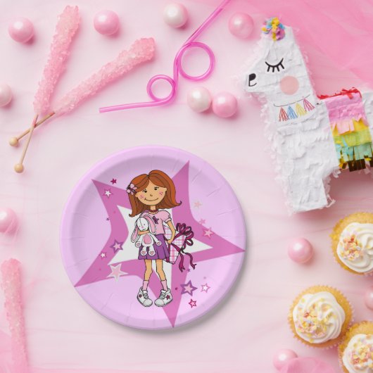紫とピンクの星ダークヘアガールキッズパーティー ペーパープレート (パーティー)