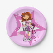紫とピンクの星ダークヘアガールキッズパーティー ペーパープレート (正面)