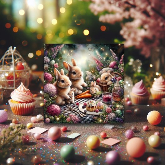 紫とピンクの春フローラバニーイースターピクニック シーズンカード