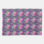 紫とピンクの植物花柄 キッチンタオル (横)