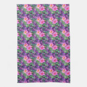 紫とピンクの植物花柄 キッチンタオル (縦)