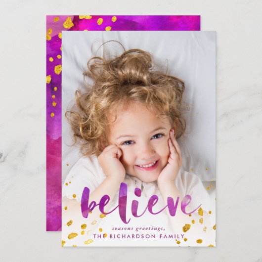 紫とピンクの水の色と金ゴールドの信じ写真 シーズンカード (正面/裏面)