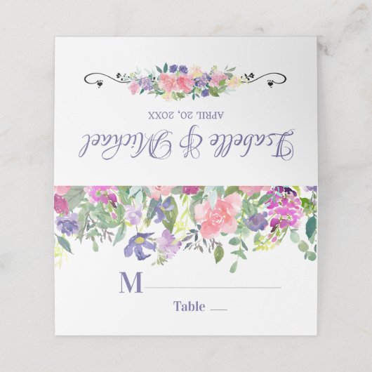 紫とピンクの水の色のフローラ結婚 プレイスカード (外部開封)