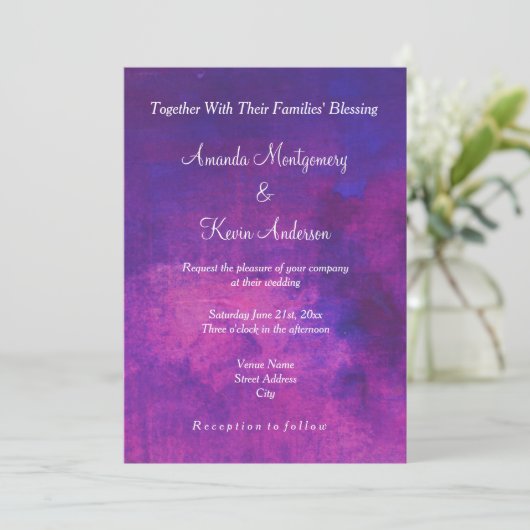 紫とピンクの水の色の抽象芸術結婚 招待状 (スタンド正面)