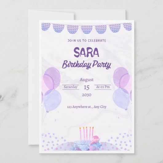 紫とピンクの水カラー誕生日招待状 招待状 (正面)