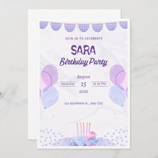 紫とピンクの水カラー誕生日招待状 招待状 (正面/裏面)