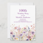 紫とピンクの水彩画の野の花 100歳の誕生日 招待状 (正面)