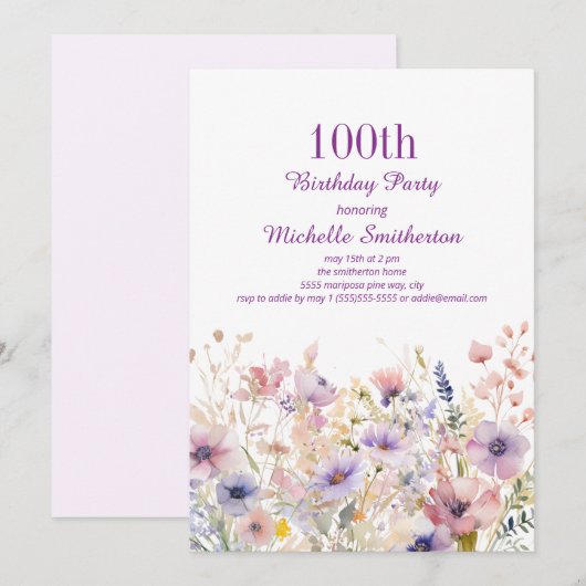 紫とピンクの水彩画の野の花 100歳の誕生日 招待状 (正面/裏面)