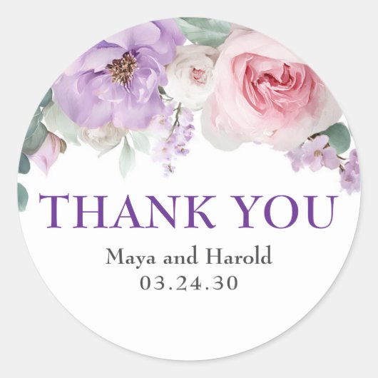 紫とピンクの水彩花のありがとうございます ラウンドシール (正面)