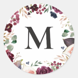 紫とピンクの水彩花モノグラム ラウンドシール