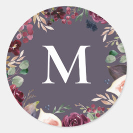 紫とピンクの水彩花モノグラム ラウンドシール