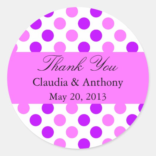 紫とピンクの水玉模様結婚ズ ラウンドシール (正面)