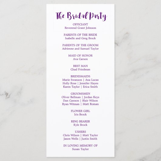 紫とピンクの水色の花の結婚式 プログラム (裏面)