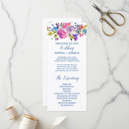 紫とピンクの水色の花の結婚式 プログラム (正面/裏面インサイチュ)