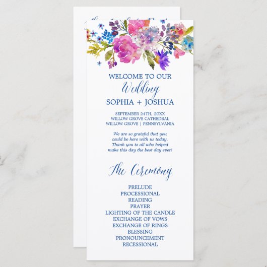 紫とピンクの水色の花の結婚式 プログラム (正面/裏面)