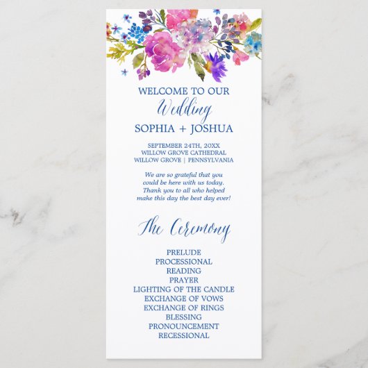 紫とピンクの水色の花の結婚式 プログラム (正面)