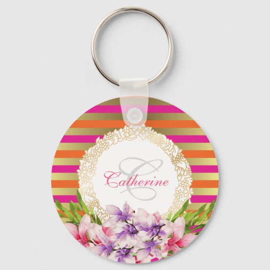 紫とピンクの水色マグノリアパーソナライズされた キーホルダー (正面)
