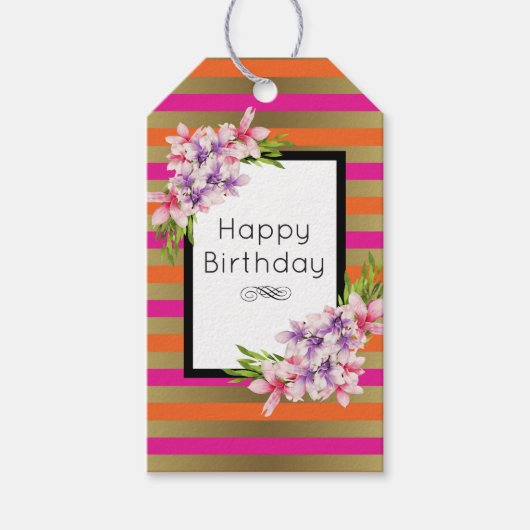 紫とピンクの水色マグノリア誕生日 ギフトタグ (正面)