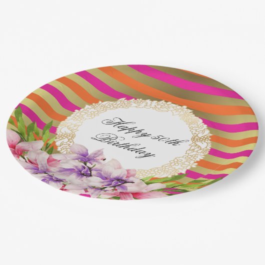 紫とピンクの水色マグノリア誕生日 ペーパープレート (アングル)