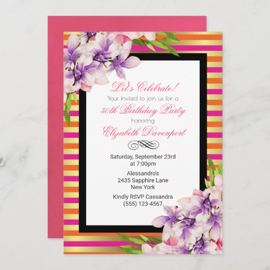 紫とピンクの水色マグノリア誕生日 招待状 (正面/裏面)