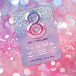 紫とピンクの第8誕生日バルーン 招待状