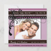 紫とピンクの結婚式の写真 保存日付のお知らせ 招待状 (正面)