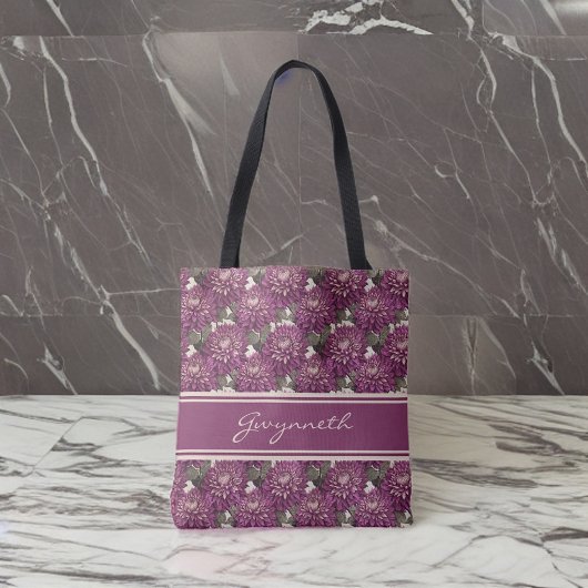 紫とピンクの縁付きダリアパタンモノグラム トートバッグ