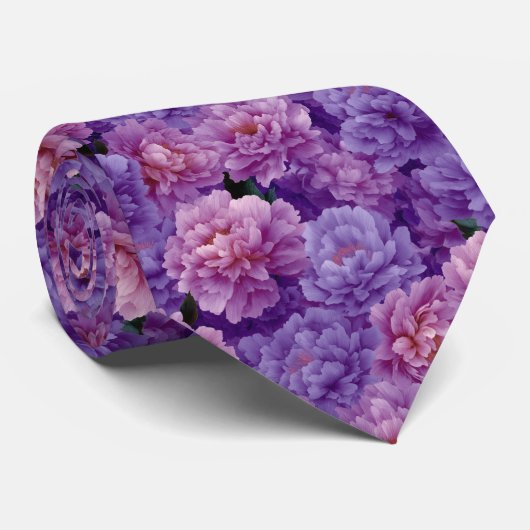 紫とピンクの芍薬の花柄 ネクタイ (ロール)