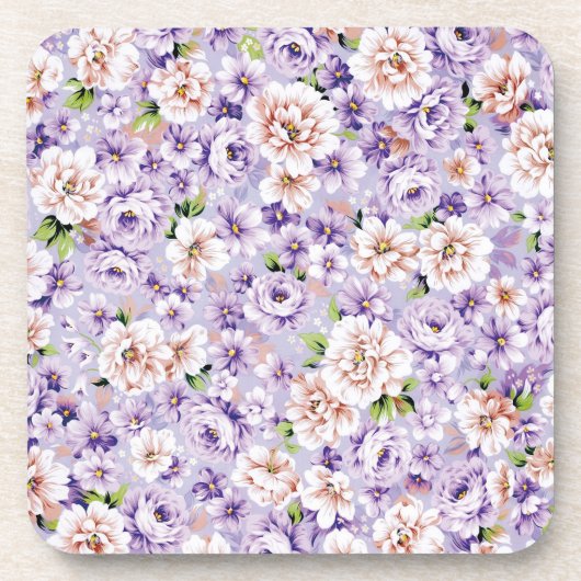紫とピンクの花が咲く豊かな花柄 コースター (正面)