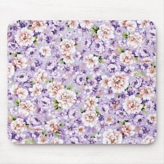 紫とピンクの花が咲く豊かな花柄 マウスパッド (正面)