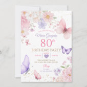 紫とピンクの花と蝶の80歳の誕生日 招待状 (正面)