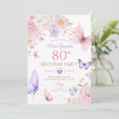 紫とピンクの花と蝶の80歳の誕生日 招待状 (スタンド正面)