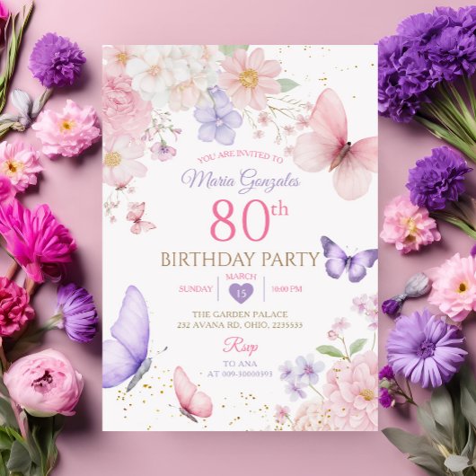 紫とピンクの花と蝶の80歳の誕生日 招待状