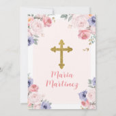 紫とピンクの花の女の子の聖なる聖餐会 招待状 (裏面)