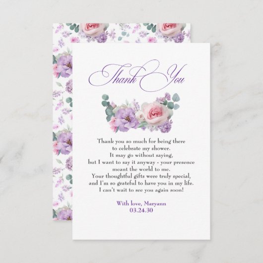 紫とピンクの花ボタニカル サンキューカード (正面/裏面)