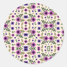 紫とピンクの花柄が円形にデザインされています ラウンドシール