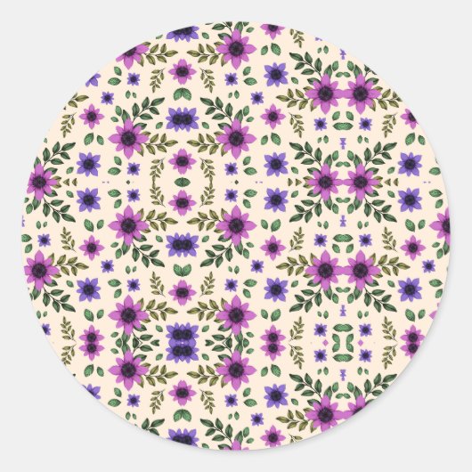 紫とピンクの花柄が円形にデザインされています ラウンドシール (正面)