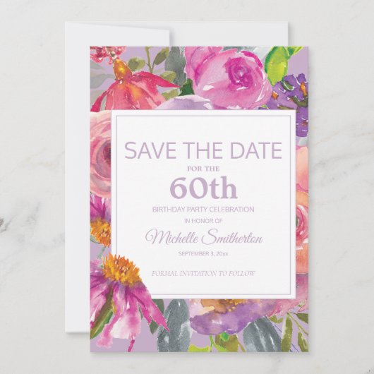 紫とピンクの花60歳の誕生日Save Date セーブザデート (正面)