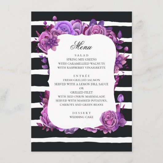 紫とピンクの花。ブラックストライプの結婚ズ メニュー (正面)