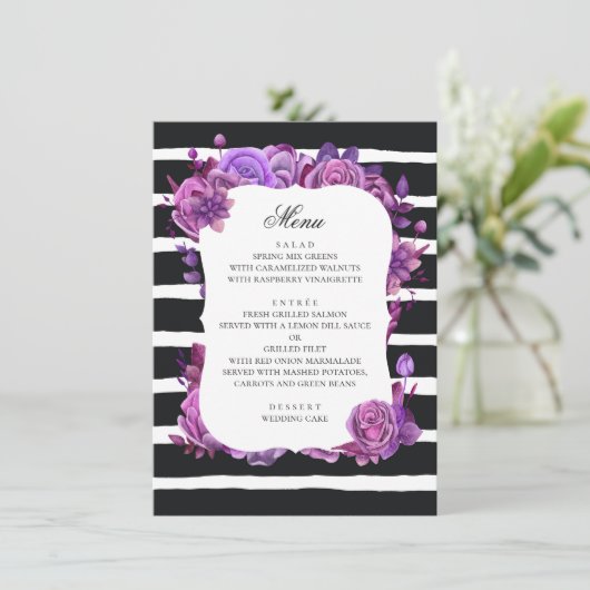 紫とピンクの花。ブラックストライプの結婚ズ メニュー (スタンド正面)