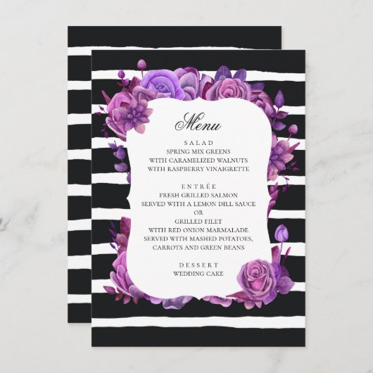紫とピンクの花。ブラックストライプの結婚ズ メニュー (正面/裏面)