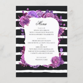 紫とピンクの花。ブラックストライプの結婚ズ メニュー