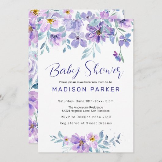 紫とピンクの花 招待状 (正面/裏面)