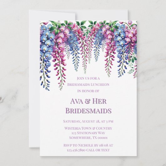 紫とピンクの藤の花嫁の昼食会 招待状 (正面)